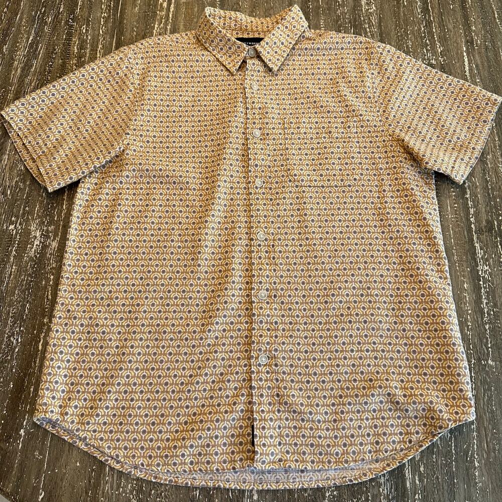 Lucky Brand Short Sleeve Shirt Geometric AOP 70s Mustard Yellow Brown Mens M